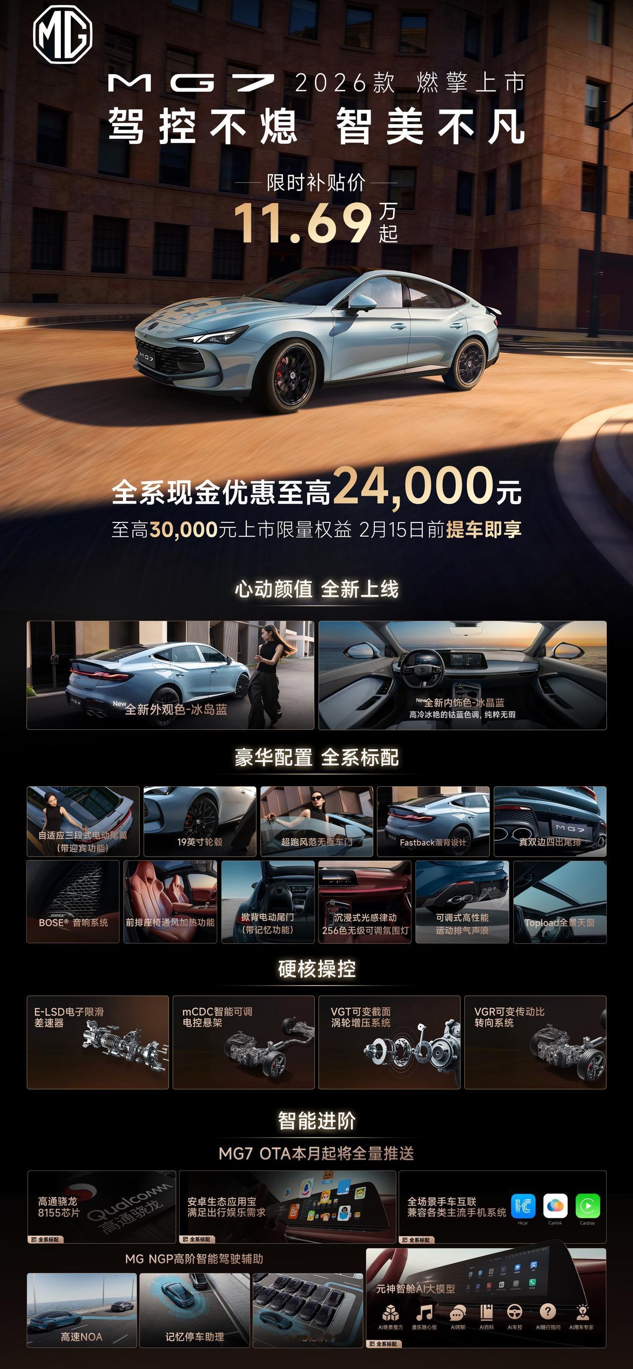 【限时售11.69万起，上汽名爵新款MG7正式上市】1月6日，上汽名爵新款MG7