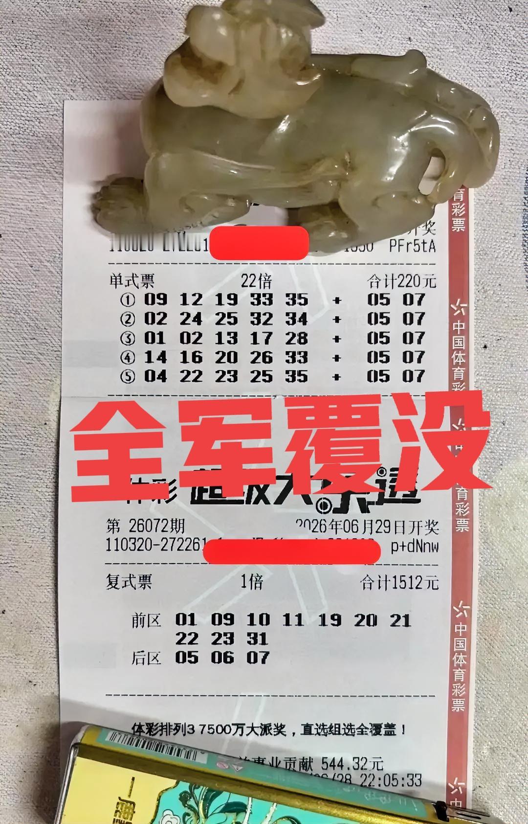 全军覆没！看着大佬的晒票，心里全是不值。本来之前都已经放弃22倍票，只打一张大复