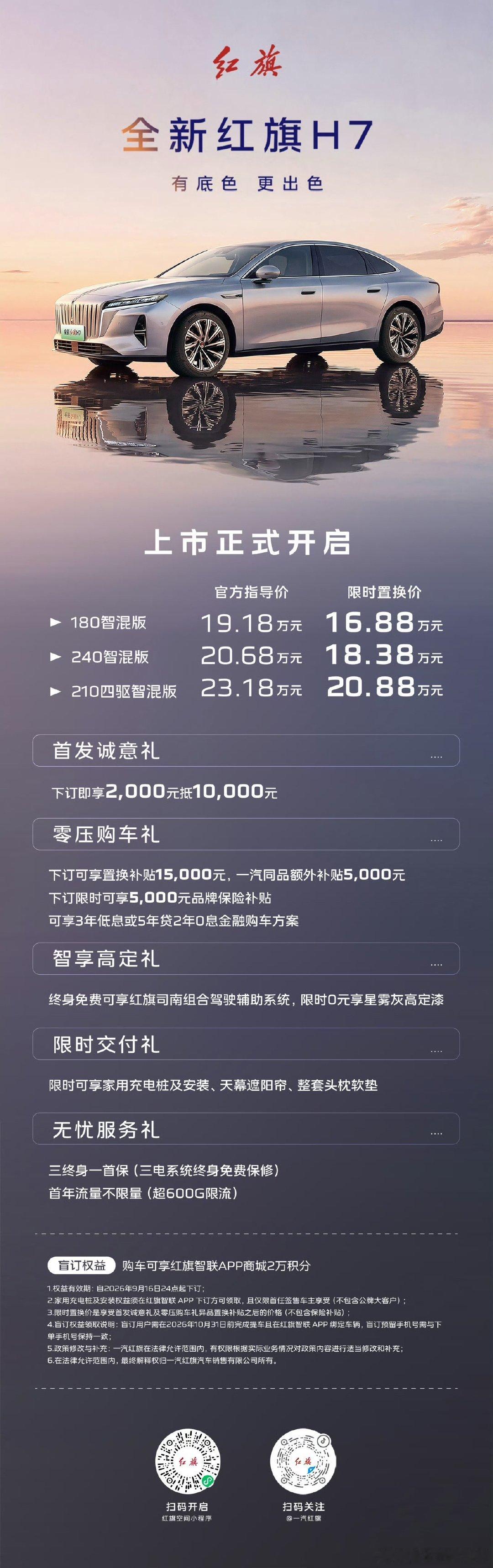 全新红旗H7正式上市，限时置换价16.88万到20.88万，这个定价确实有诚意。