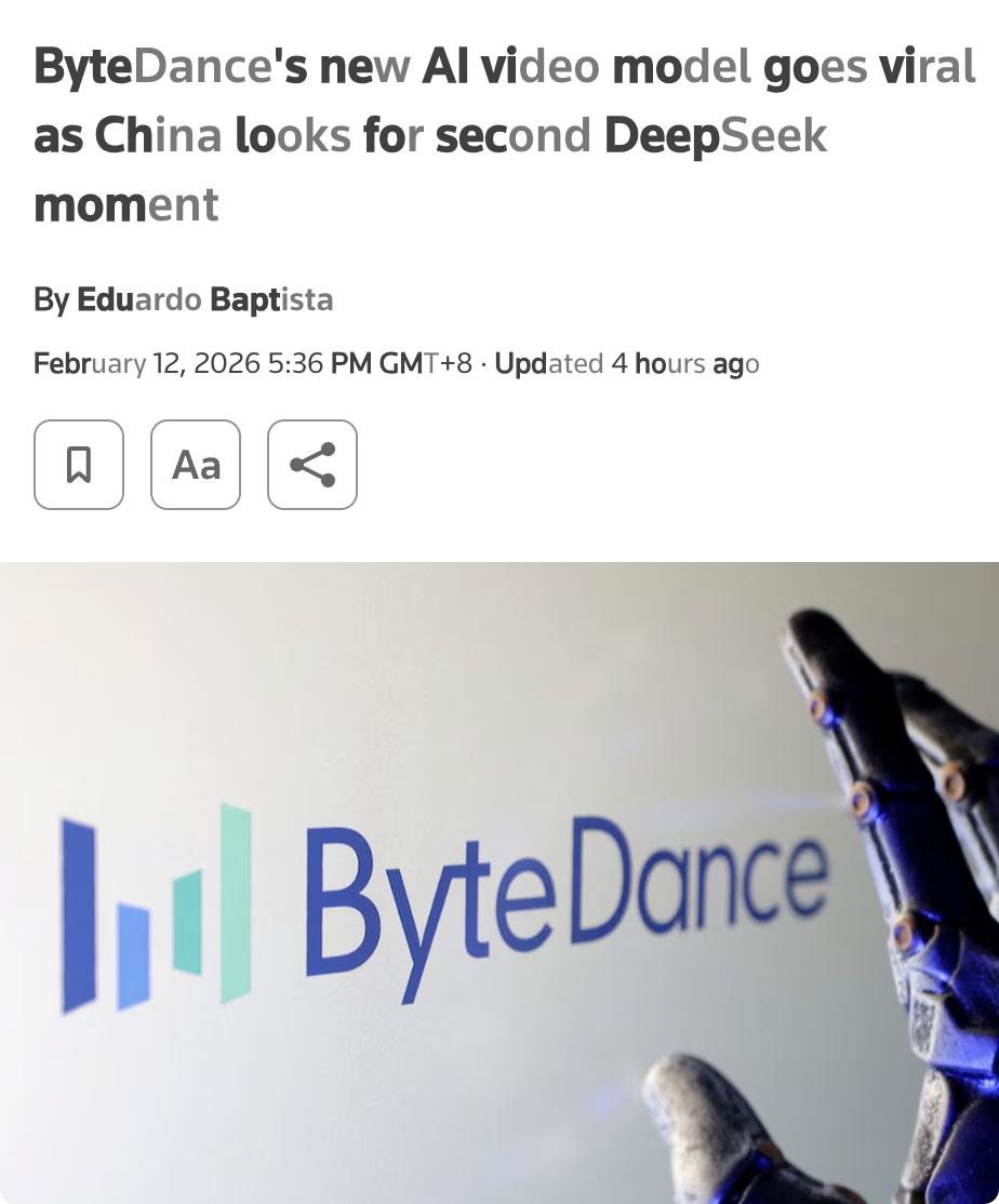 外媒：字节跳动新推出的Seedance2.0视频生成AI模型迅速走红，引发了全