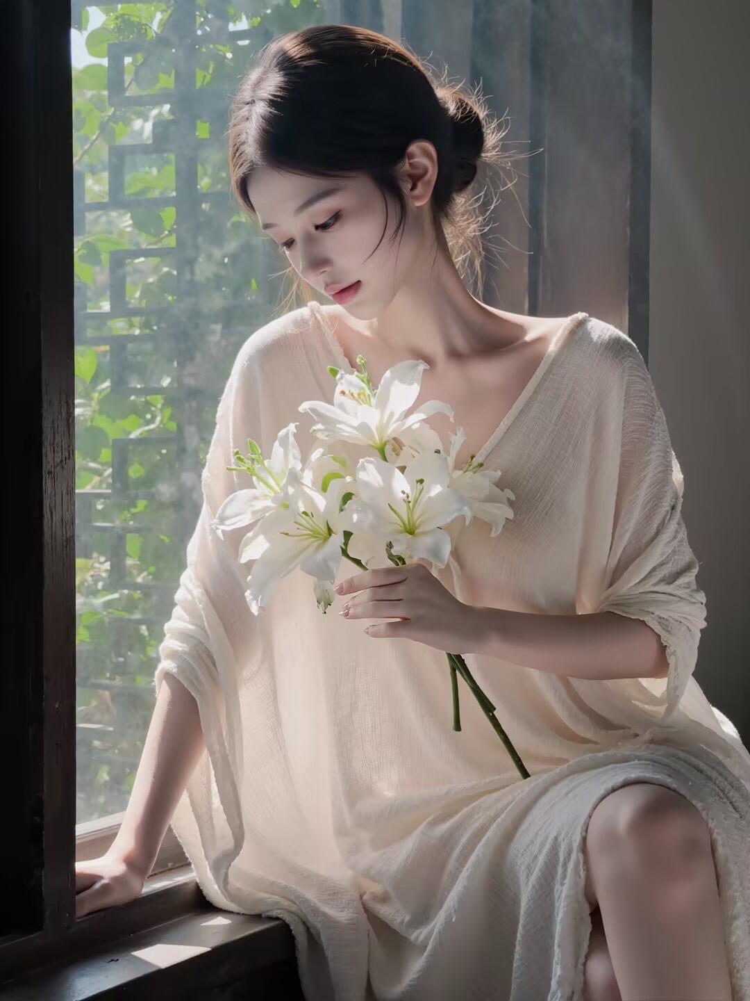 素裙写真 新中式柔美成片 白裙与光影