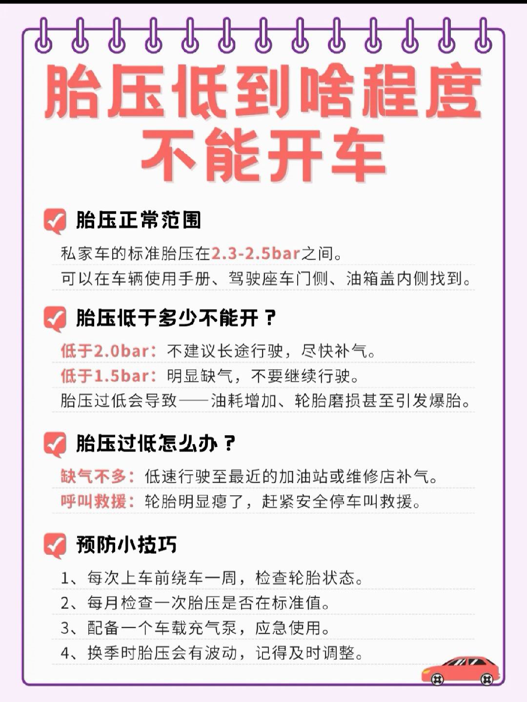 轮胎胎压过高过低都不好，那么低于多少不能开了呢？轮胎小知识来噜！胎压正常范围：2