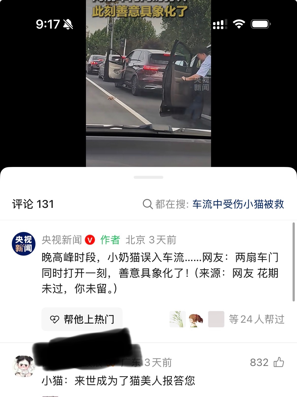 原视频是两个人下车救小猫，评论区