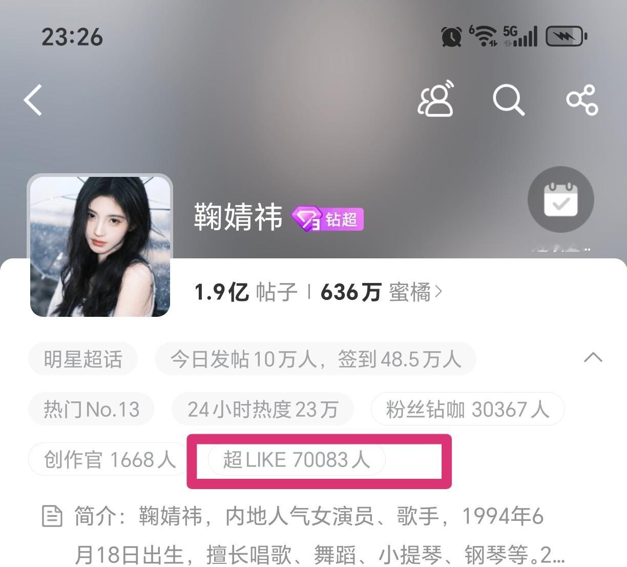 鞠婧祎超话超like70000+女星断层式第一，太牛了​​​