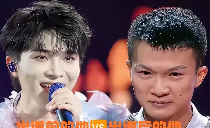 看看这两张照片，你敢信这是同一个人？👆左边。寸头。黑T恤。眼神有点怯