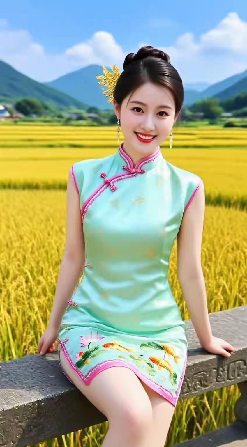 在金黄的稻田中，她身着一袭淡绿色旗袍，宛如画中仙子。