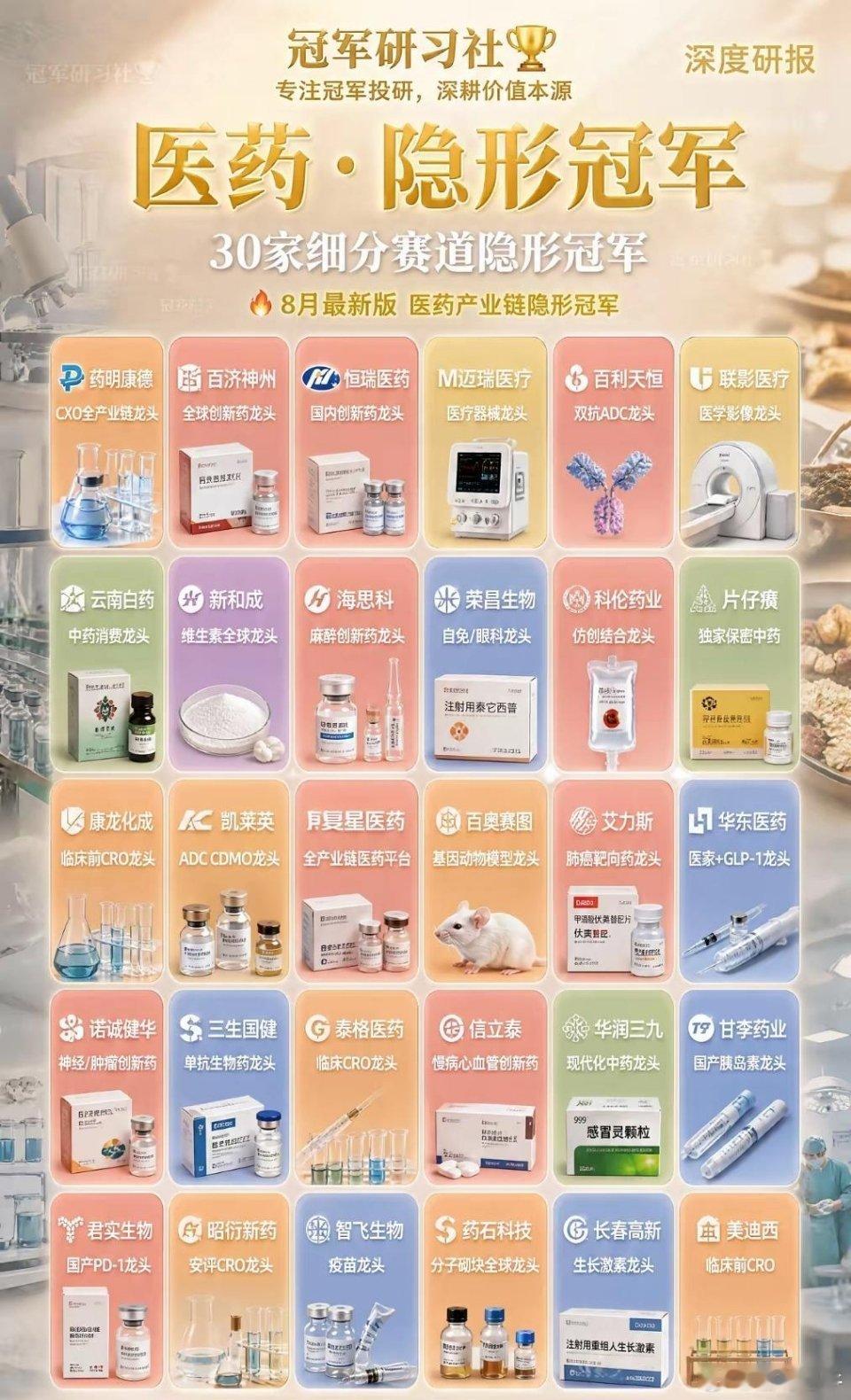 医药30大细分冠军，谁在卡住创新药命脉？药明康德CXO全产业链龙头，百济神州全球