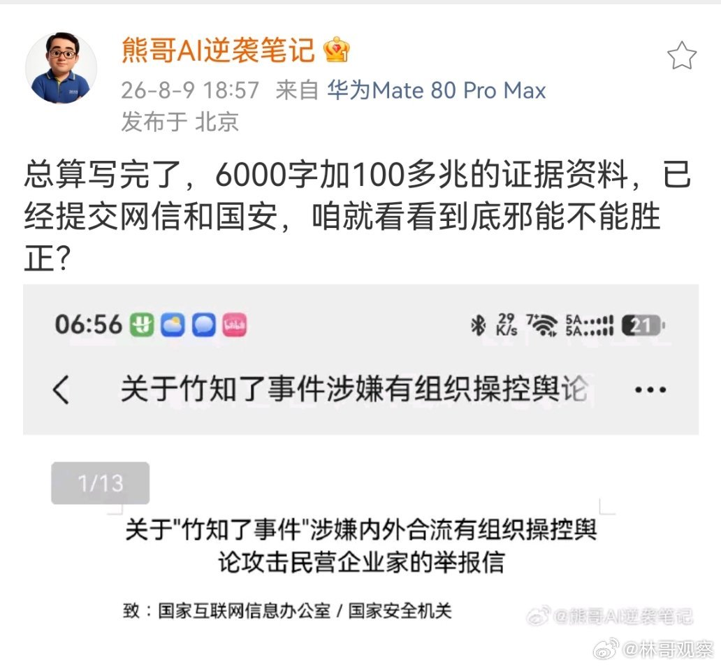 大熊己将6000字加100多兆的证据资料，提交网信和国安，真相究竟如何，期待最终