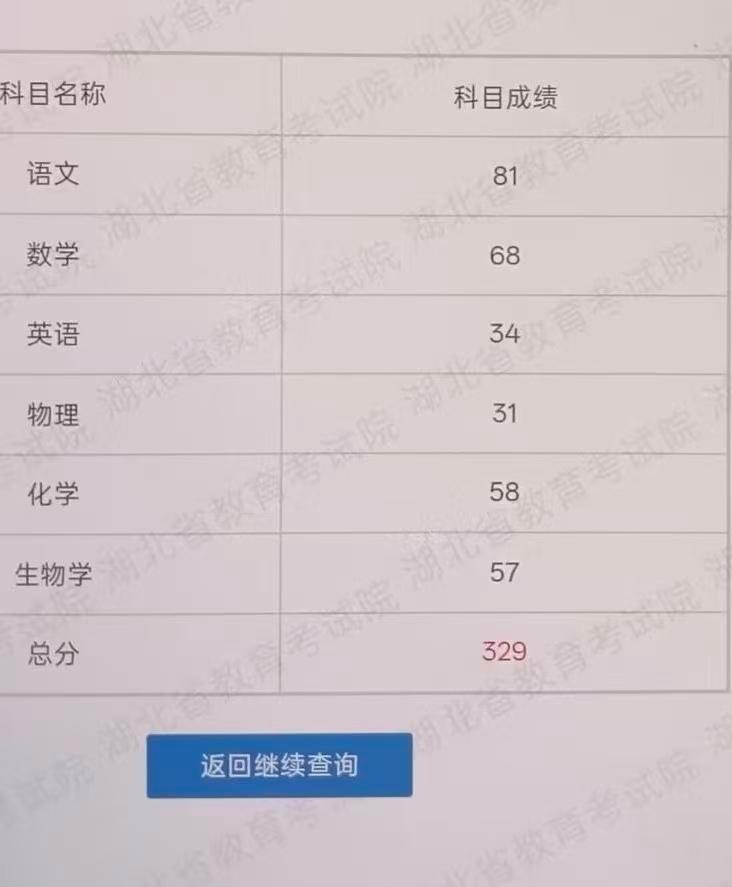 儿子成绩出来了，考了329分，语文81，数学68，英语34，物理31，化学58，