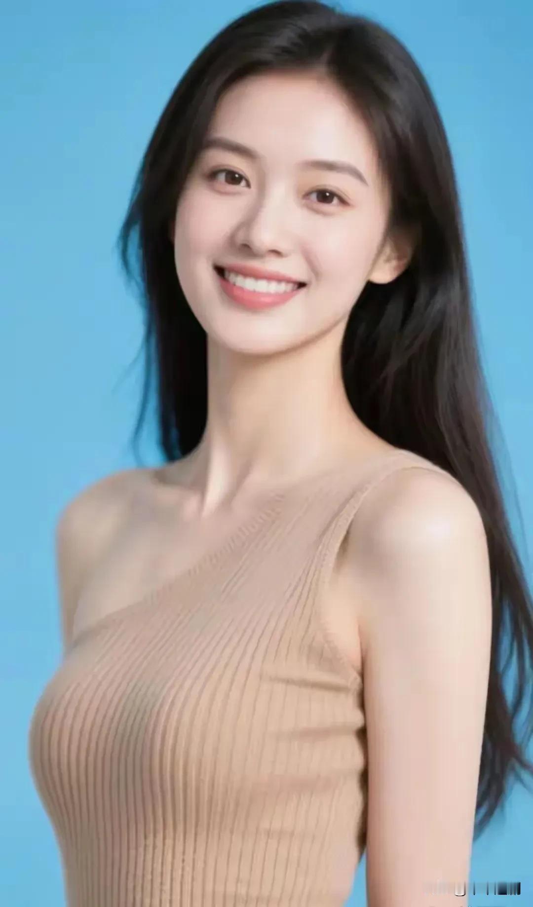 裸色针织裹着柔，黑发漫过肩颈的轻。笑眼弯时，连淡蓝背景都浸了点清甜的暖。温