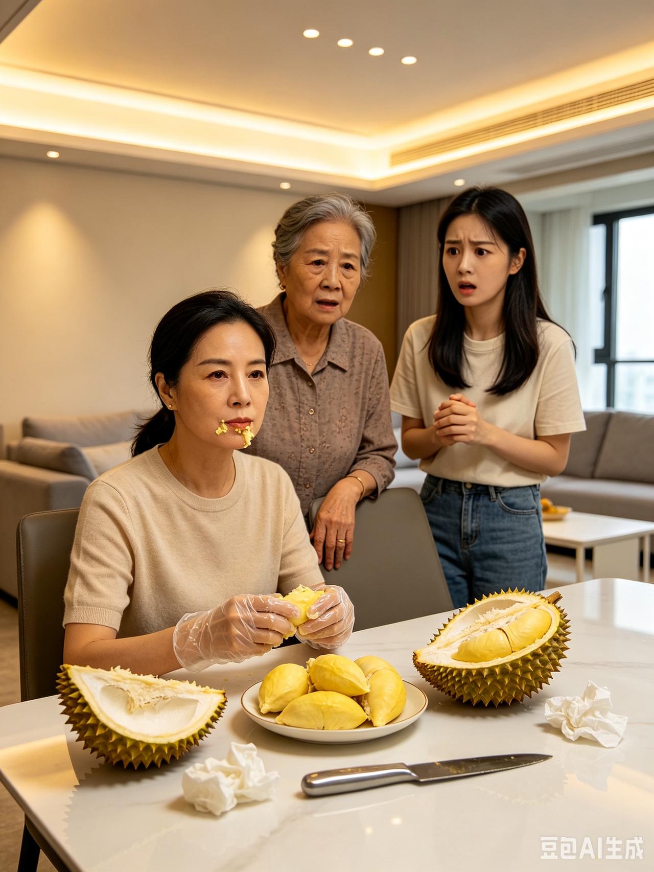 我花五百多买了8斤榴莲，婆婆非要等小姑子下班再开，我没说话，悄悄把果肉全剥出来，