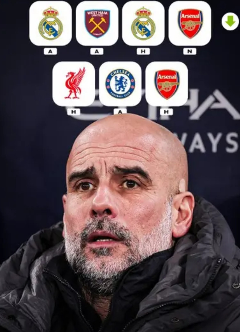 曼城接下来的七场比赛，瓜迪奥拉一看赛程估计头发能被彻底薅秃....接下来的7场