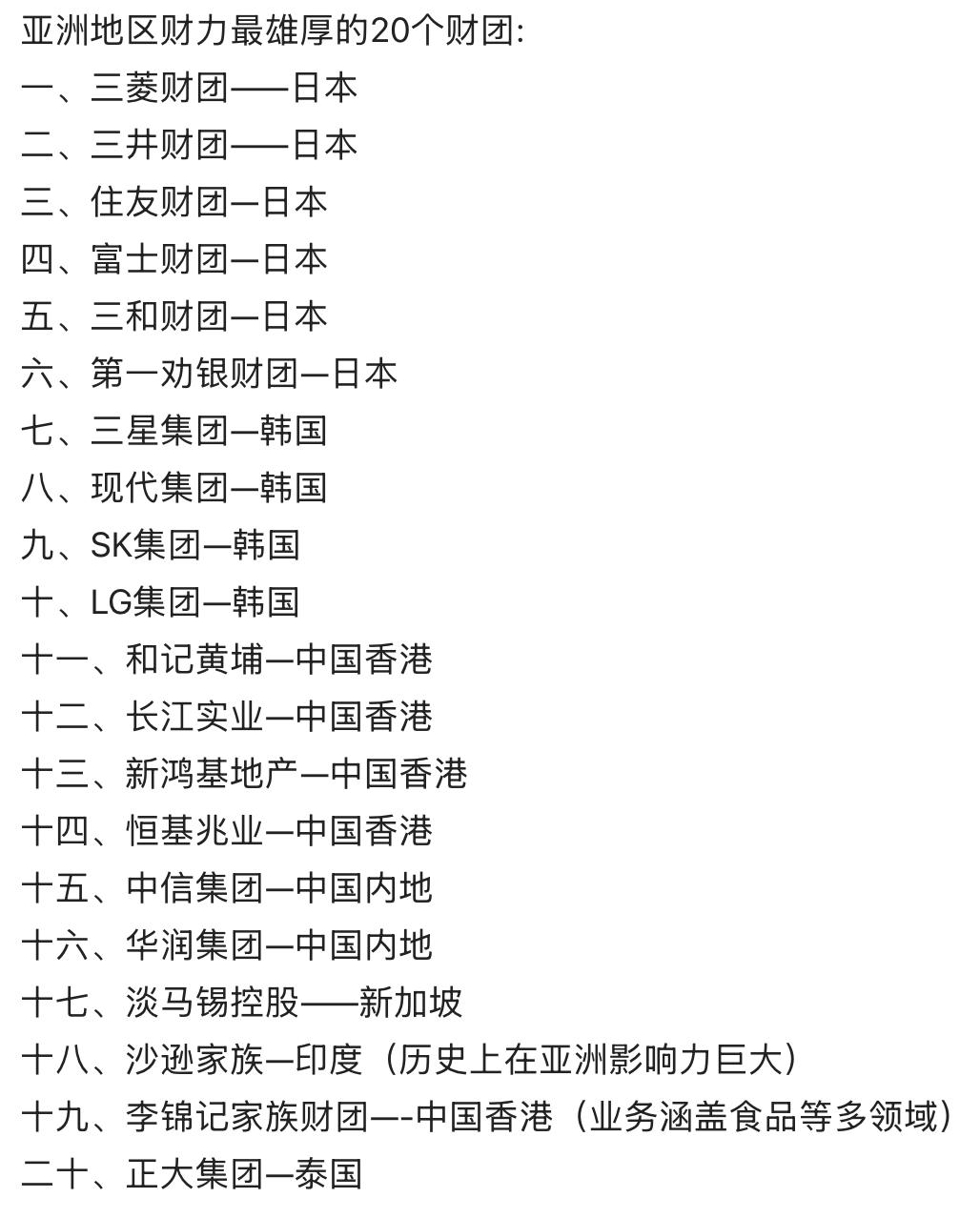 亚洲地区财力最雄厚的20个财团曝光：日本独占6席，韩国4席，中国香港5家，内地仅