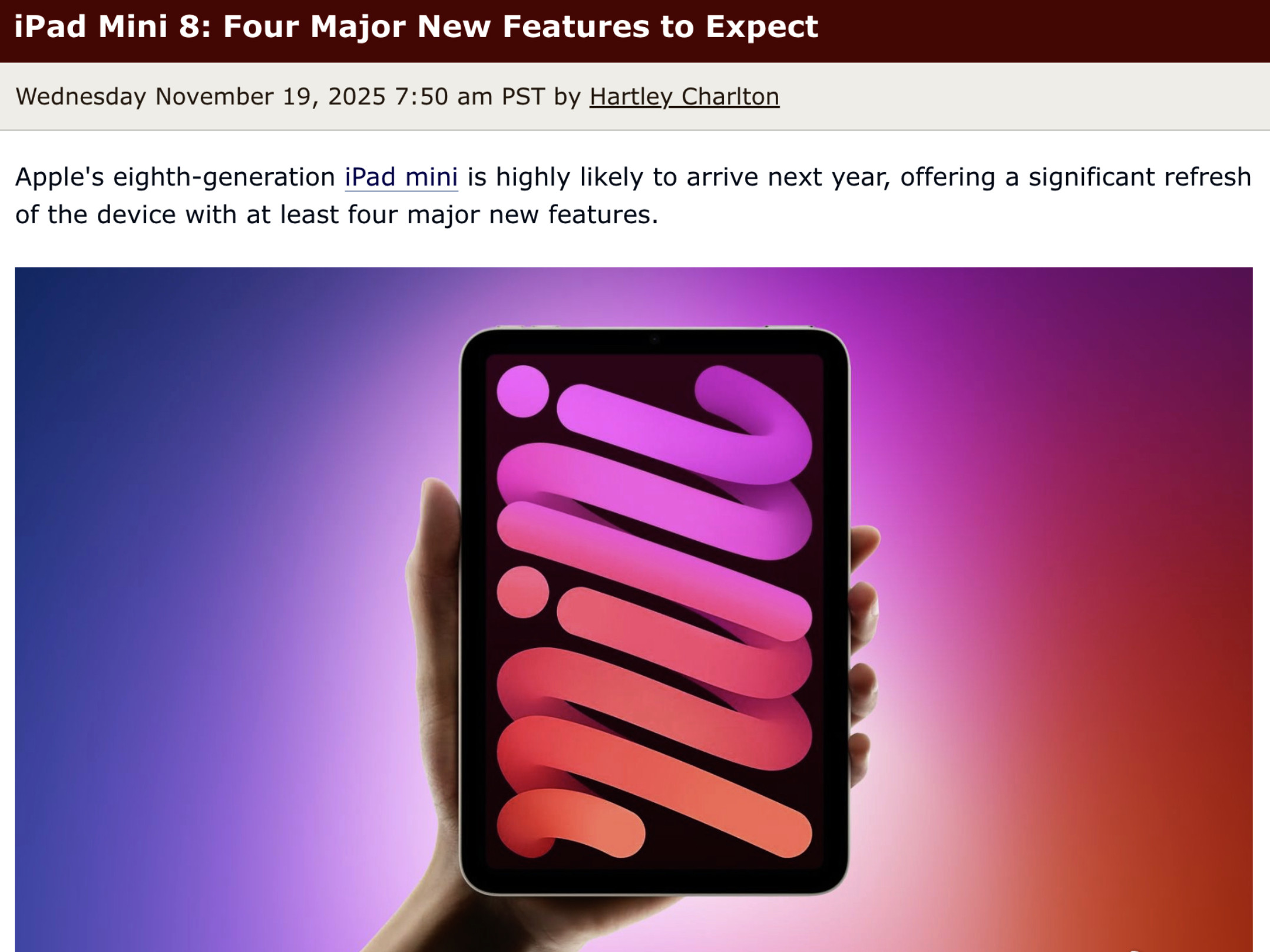 跟大家同步一个关于iPadmini8的最新猛料。外媒MacRumors