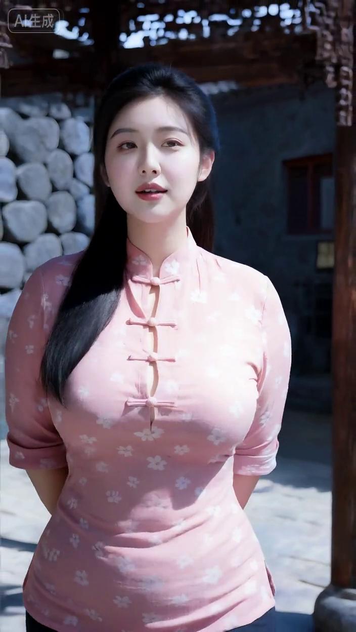 带眉清簇带春柔，杏眼含情似水流。纤腰款布宜方尽，素媚偏鲜烛风忧。鬓边簪的寒梅俏，