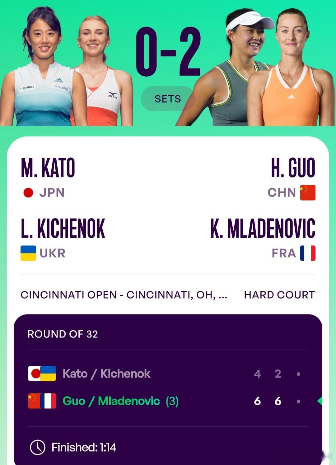 WTA1000辛辛那提站🇺🇸女双首轮郭涵煜🇨🇳/梅拉德诺维奇🇫🇷6-