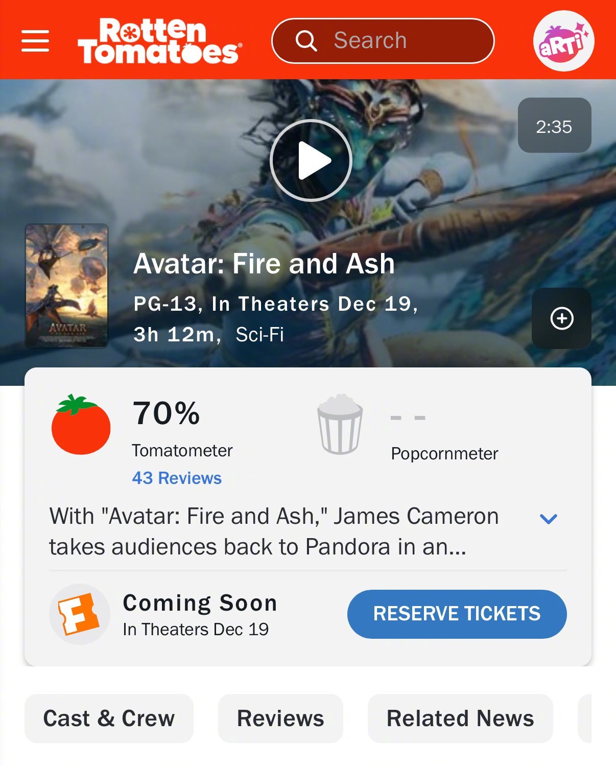 《阿凡达3》口碑解禁，烂番茄新鲜度从70%降至目前的68%，MTC评分59。阿凡