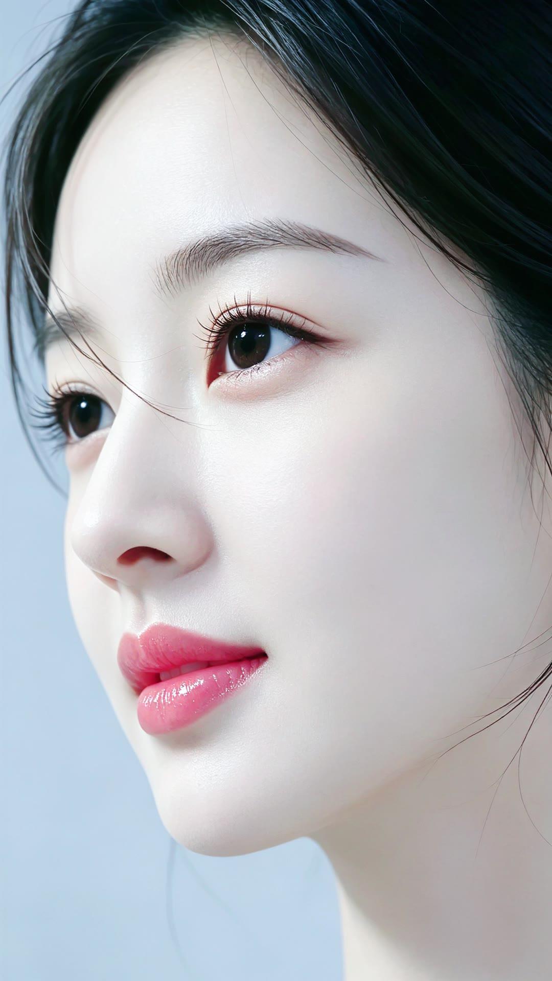 温柔甜美的侧颜，白皙肌肤，红润唇妆，散发自然魅力。