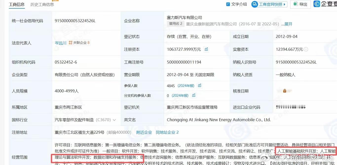 赛力斯公司工商经营范围新增：人工智能基础软件开发；人工智能理论与算法软件开发；人