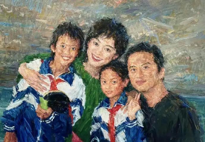 孙俪的画功如此了得？这是油画吗？画的一家四口惟妙惟肖！
