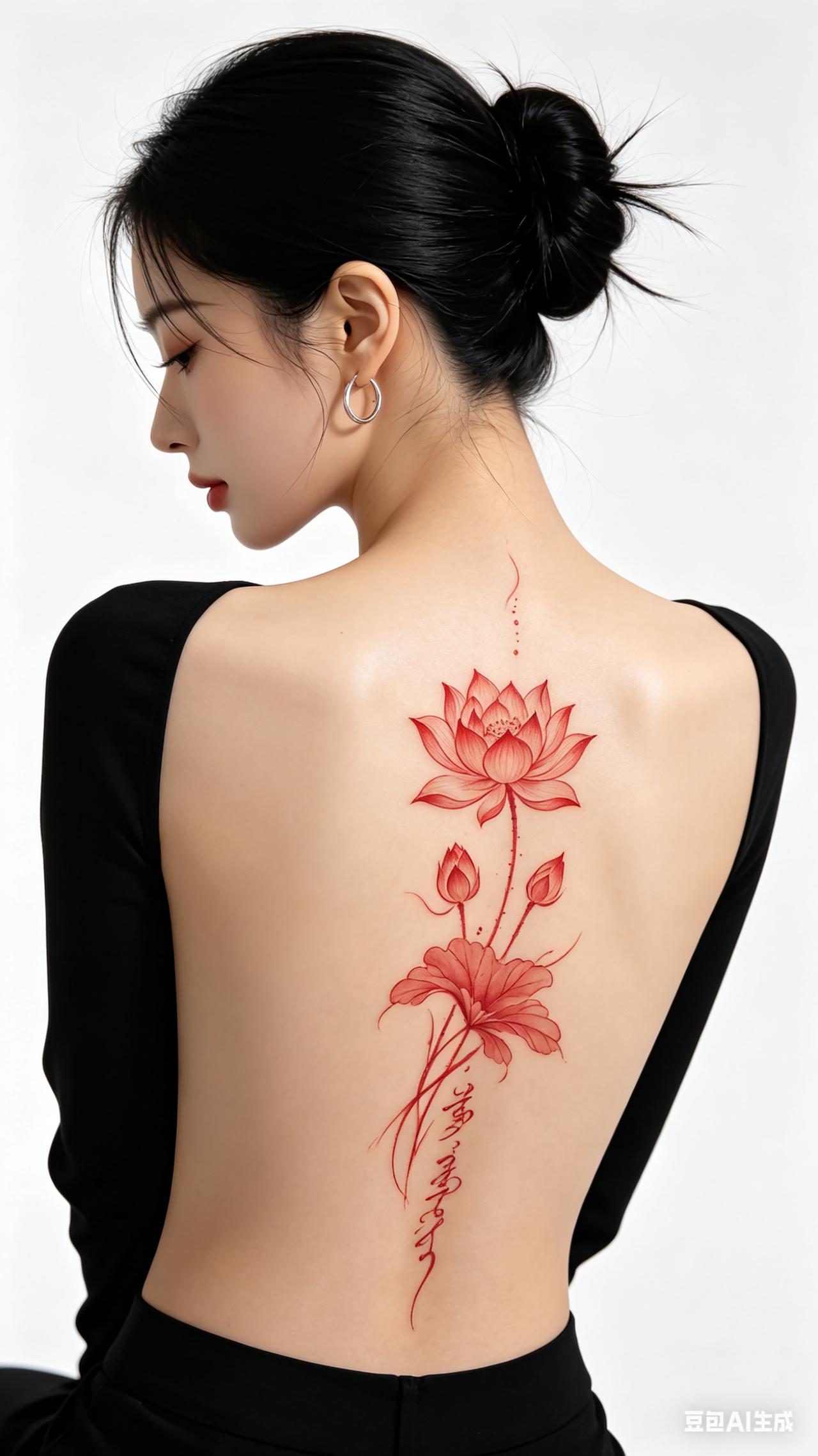 后背人像，黑发半扎少女，短款黑上衣露腰线，银圈耳饰，白皙柔光肌肤，脊背红莲花花体