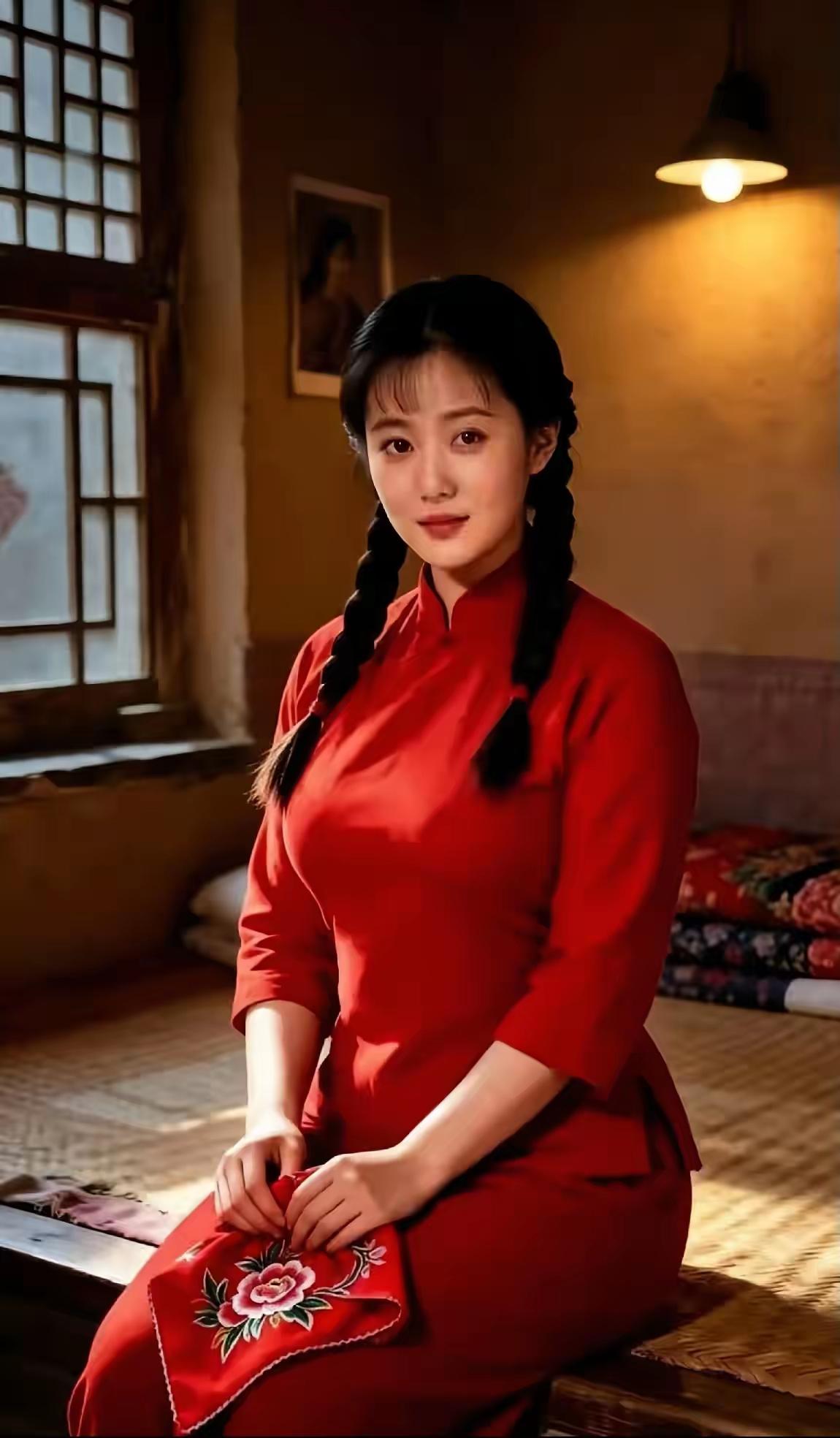 清江引·红妆旧影土屋灯昏衫影俏，辫拢清姿妙。拈帕绣牡丹，素面天然好，旧