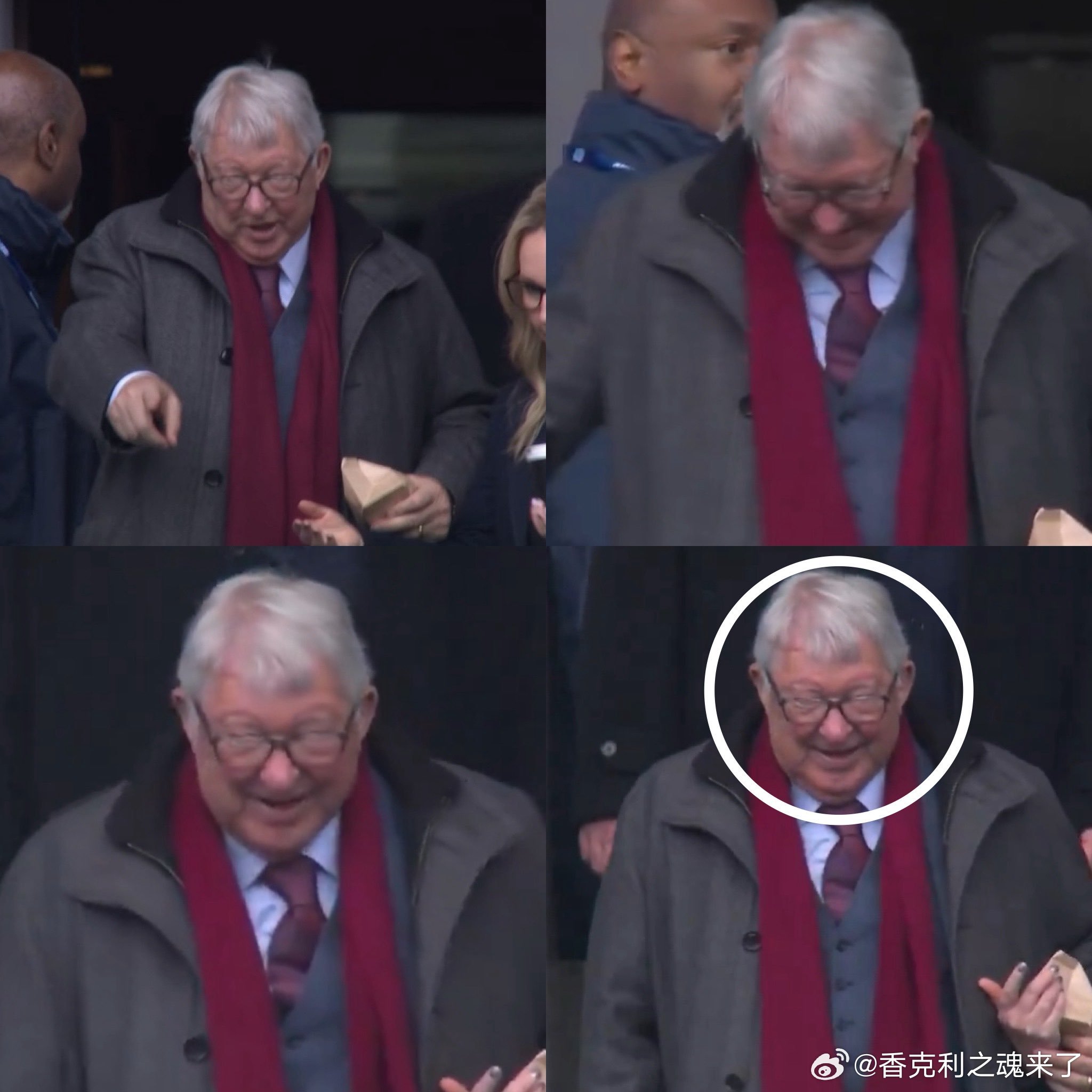 弗格森爵士走进伊蒂哈德球场，观看曼城对阵利物浦的比赛。镜头对准了他。两队球迷都对