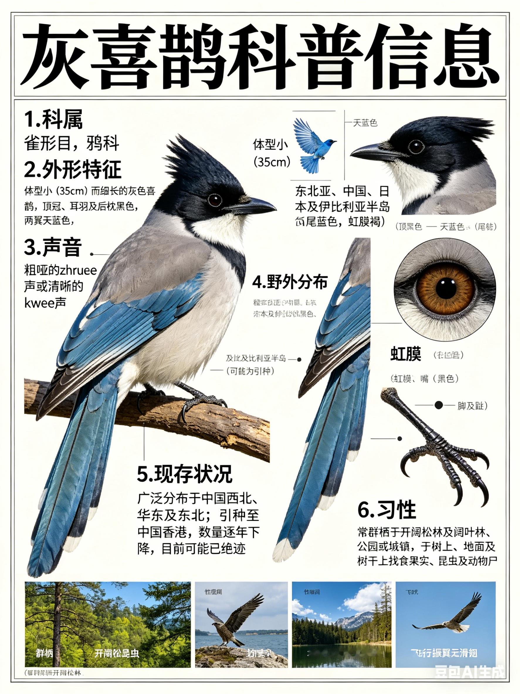 鸟类朋友图鉴灰喜鹊·科属：雀形目，鸦科。·外形特征：体型小（35cm）而细长的