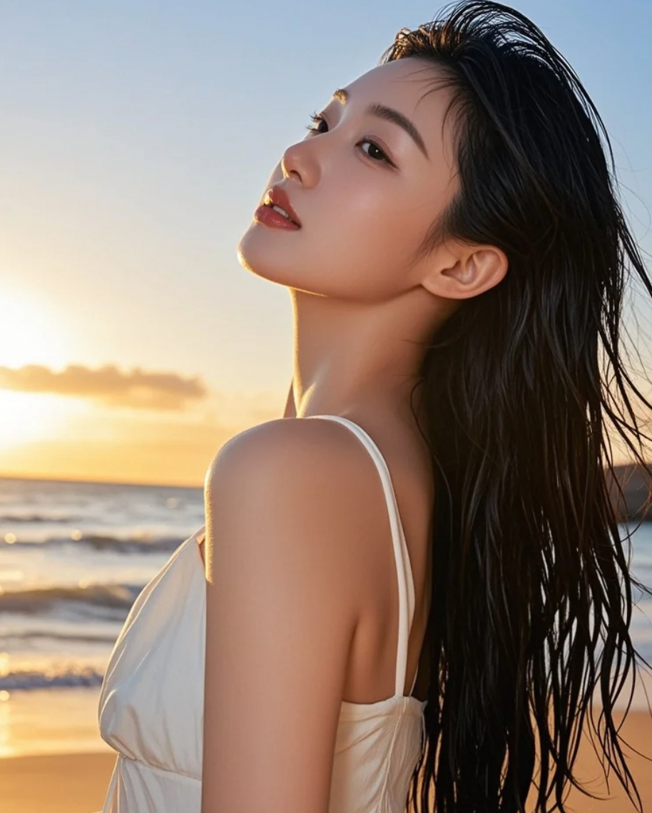 长发在晚风中舞动，沙滩上的她如现代艺术般优雅