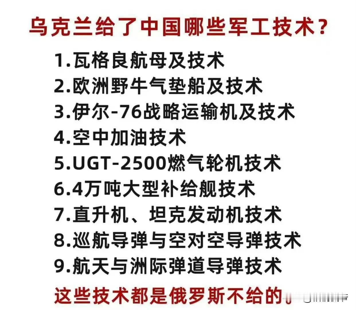 在网上看的一张图片，有简中乌粉列举了乌克兰曾经给过咱们的九项军工技术，包括瓦良格