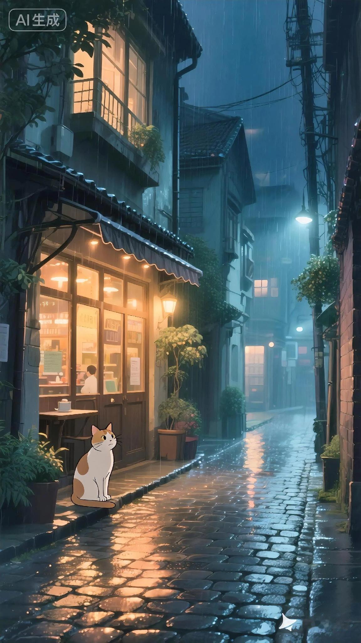 雨丝裹着夜的潮气，石板路盛着暖黄的光。灯晕里蜷着半盏未凉的茶，花猫安静地蹲在屋檐
