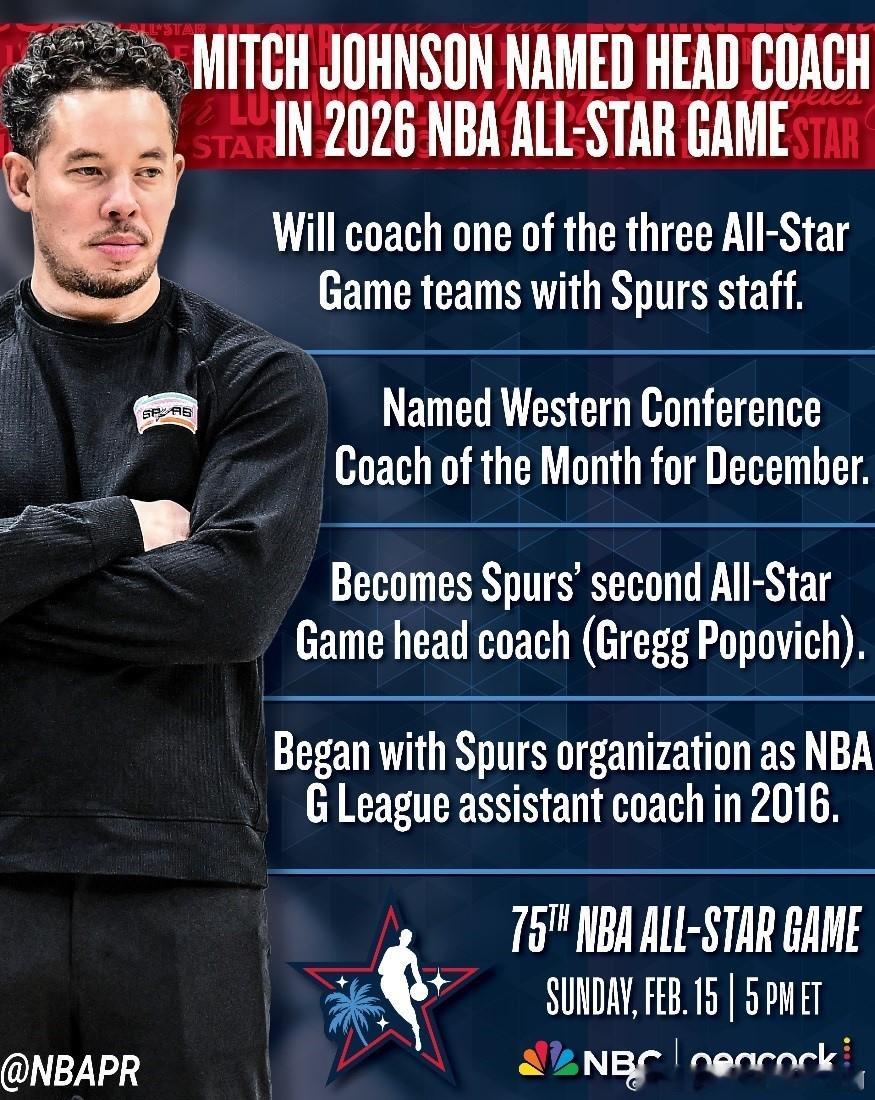 马刺据NBA官方消息：圣安东尼奥马刺队主教练米奇·约翰逊已被任命为2026年