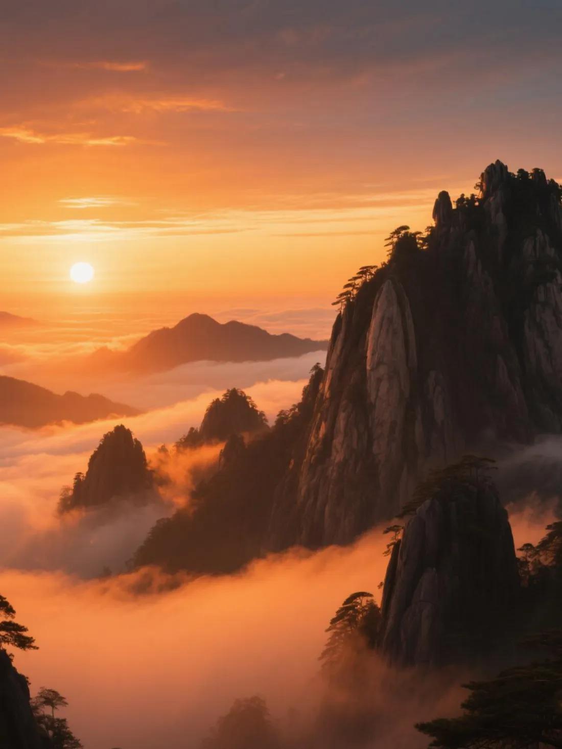  落日熔金，黄山云海化作橘色绸缎，缠绕着奇峻山峰，勾勒出雄浑山水长卷。黄山的云雾