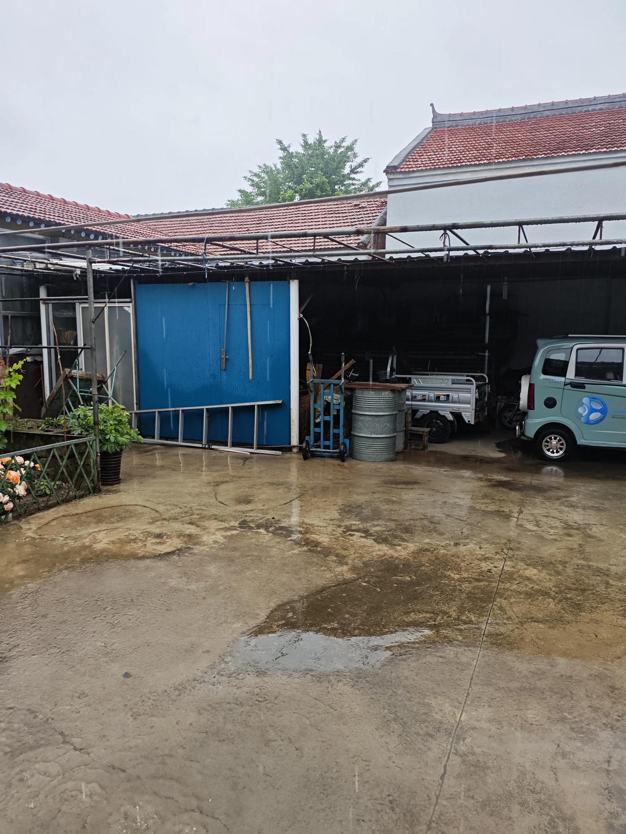 喜雨润田晨雨绵绵落农家，阶前积水溅珠花。久逢干旱天施惠，一沐甘霖好种