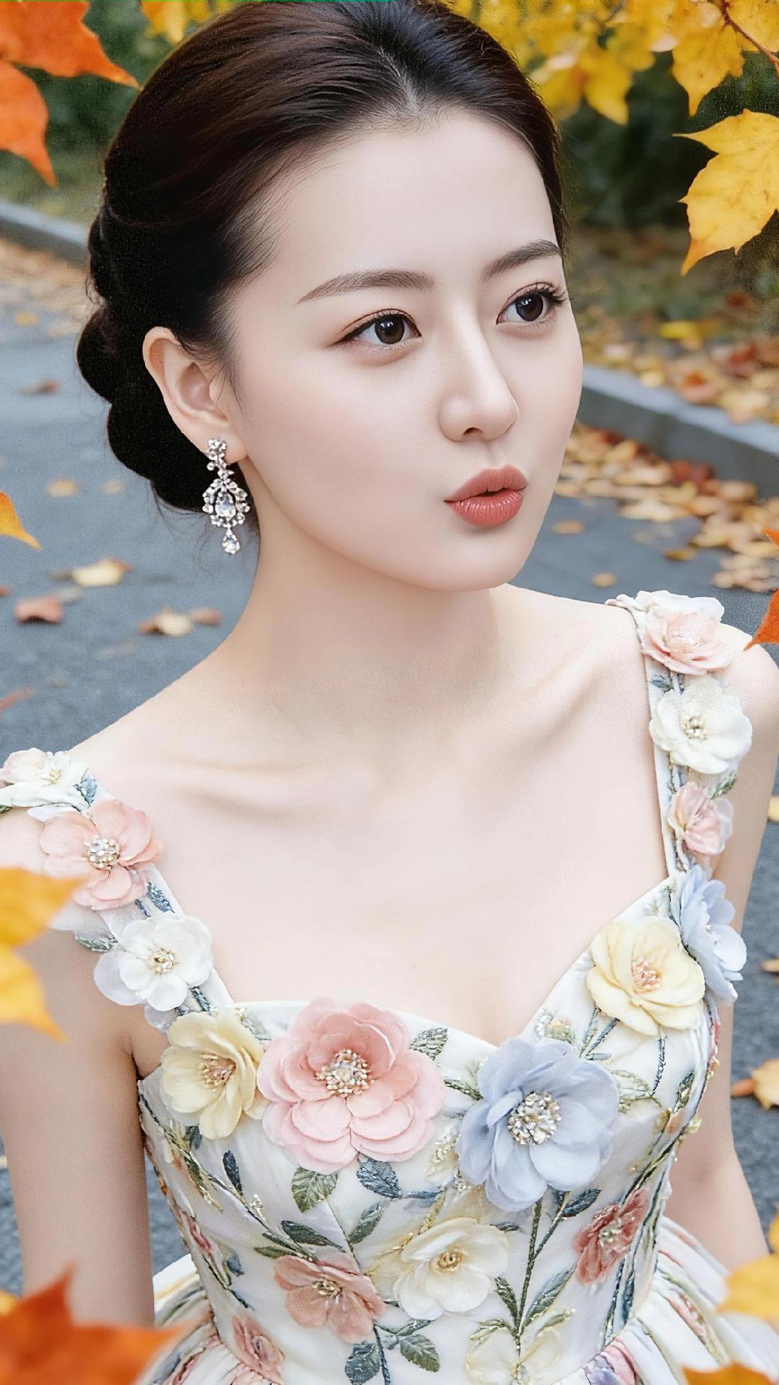 秋日暖阳下，优雅花裙与自然融为一体，静谧美好。