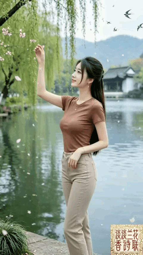 佳人正当年，闲暇来湖边。游春赏美景，陶醉大自然。
