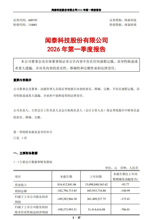 【闻泰科技：公司股票被实施退市风险警示并叠加其他风险警示一季度净亏损1.89亿