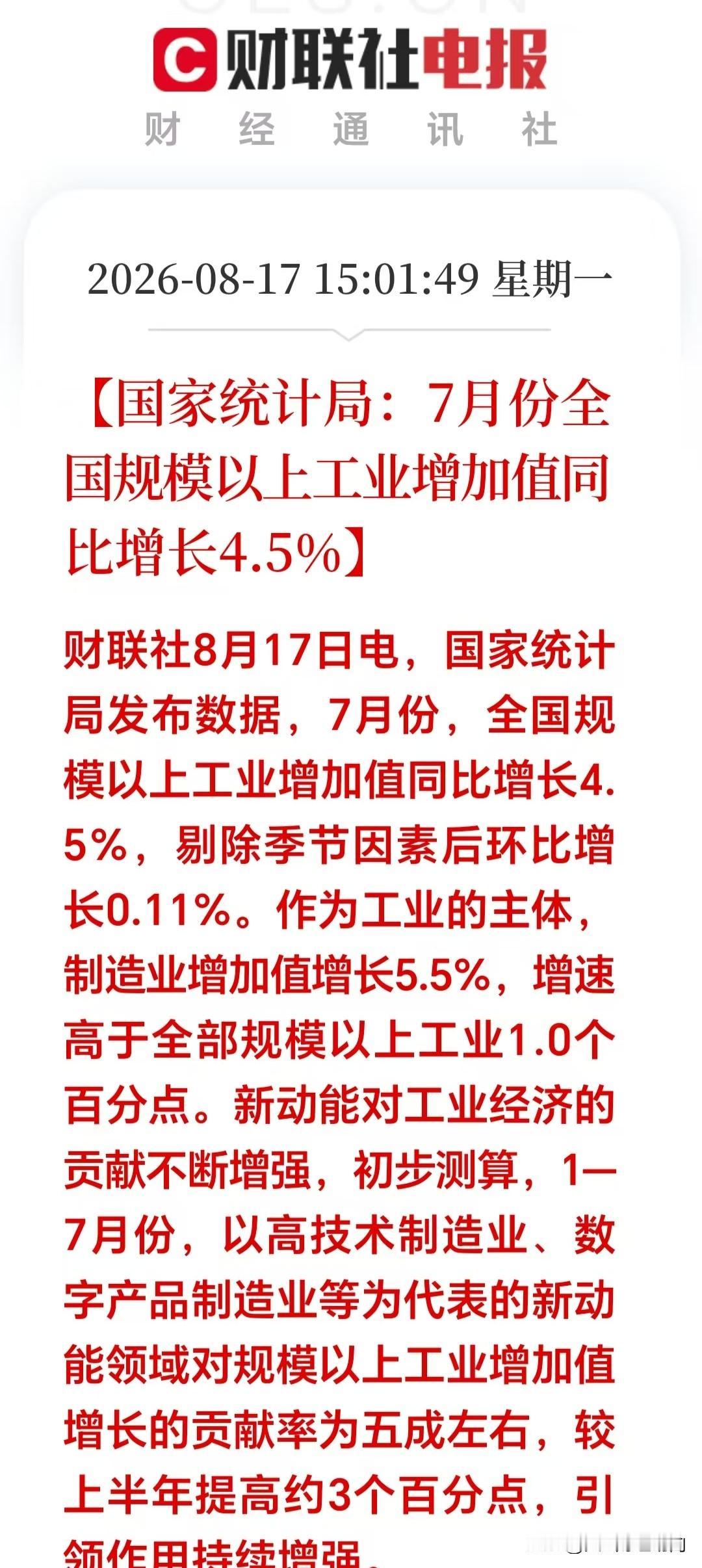 盘后突来大利好！工业数据出炉！【郭家统计局指出：7月份全国工业增加值同比增4.