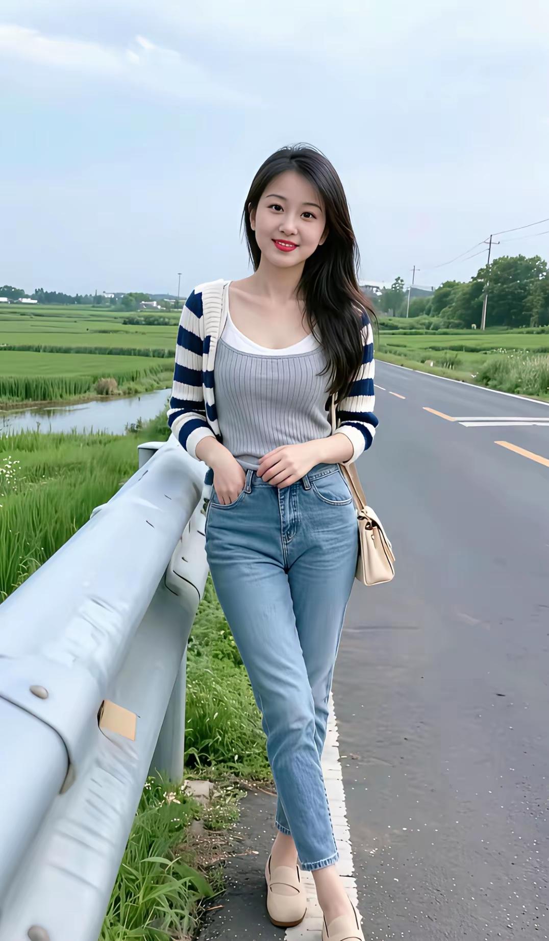 妹子靠在护栏上，风景不错。