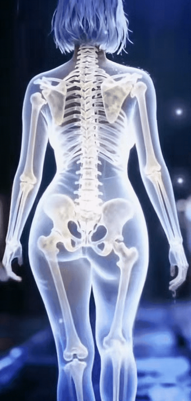 女性走路时骨骼演示图。一目了然，直观易懂。她们的臀部骨骼在直线行走的时候，会自然