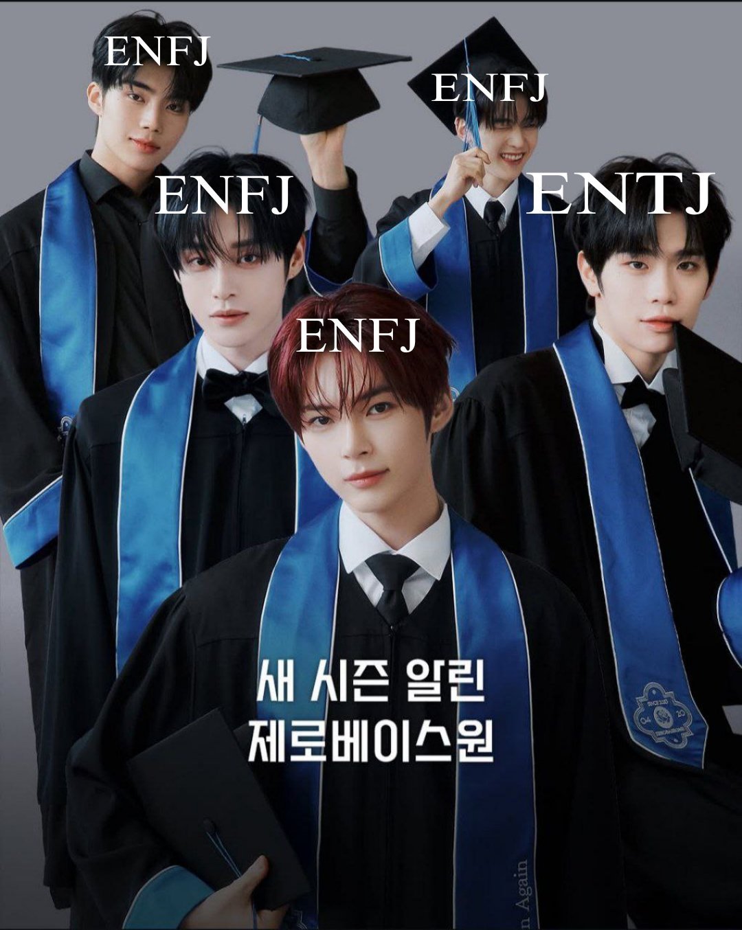 5人体制ZB1的MBTI全员E人成韩彬：ENFJ金地雄：ENFJ石马修：ENFJ