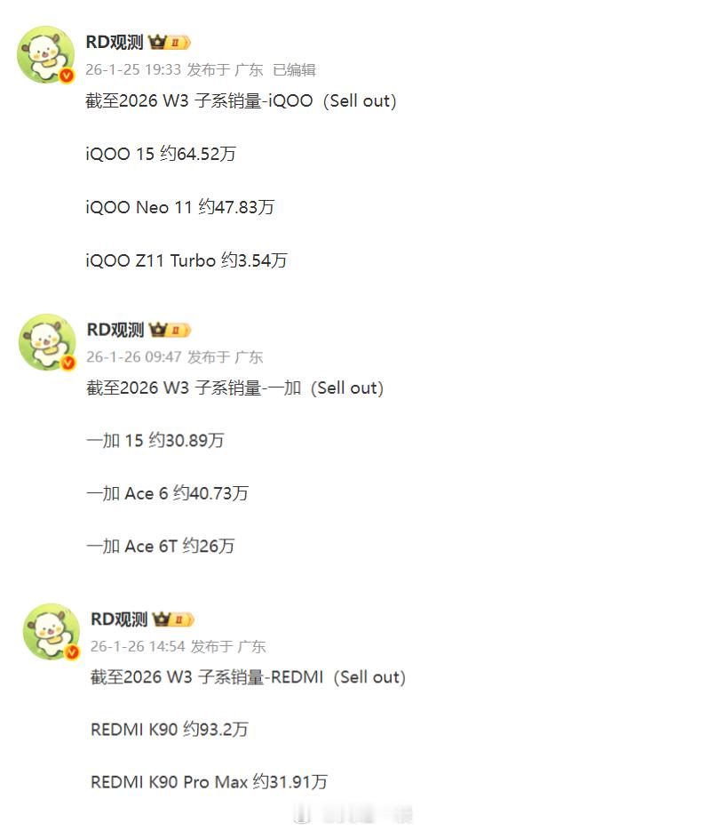 iQOO、一加、REDMI最新机型累计销量出炉1、论子系旗舰iQOO15确实无