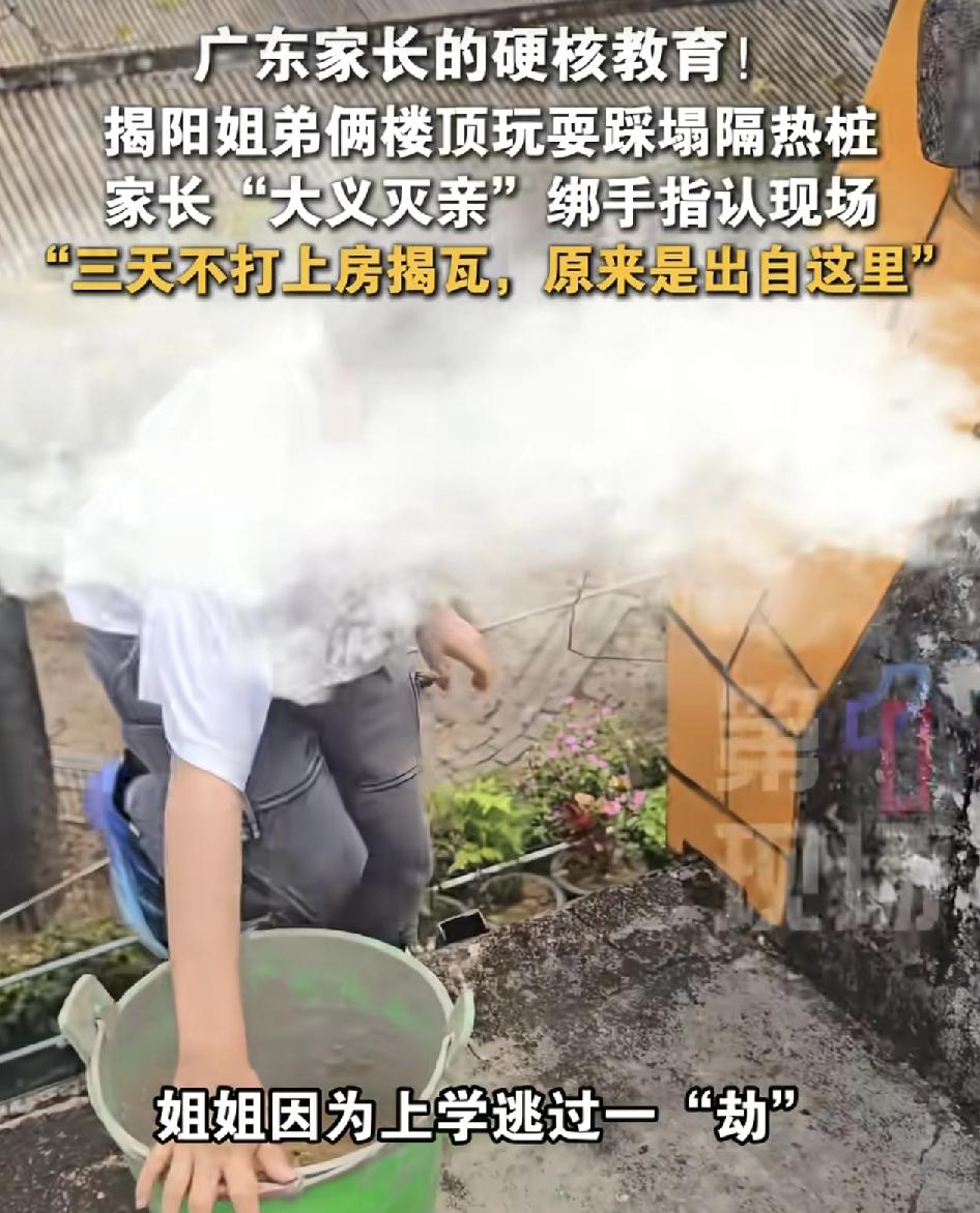 广东揭阳一位家长分享了自己的硬核教育，姐弟俩偷跑到楼顶上，踩塌了隔热桩，姐弟俩到
