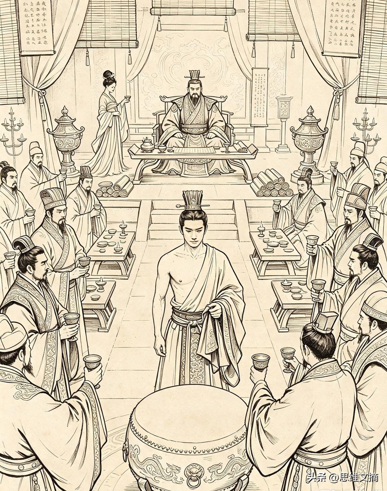 祢衡脱光衣服的时候，曹操正在啃鸡腿。东汉末年，丞相府宴席。祢衡被叫来击鼓助兴