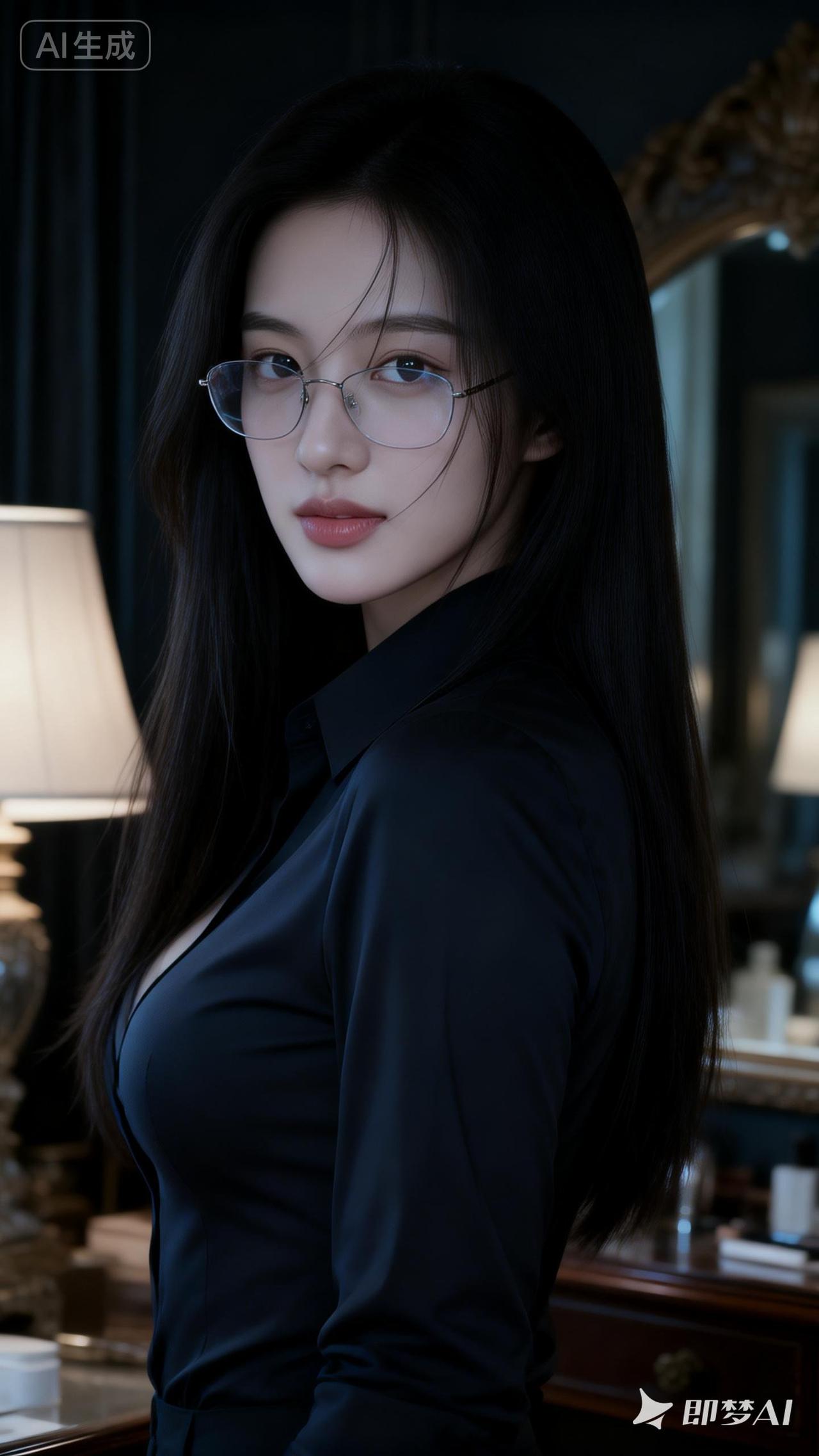 优雅黑衣女郎，眼镜下的神秘魅力