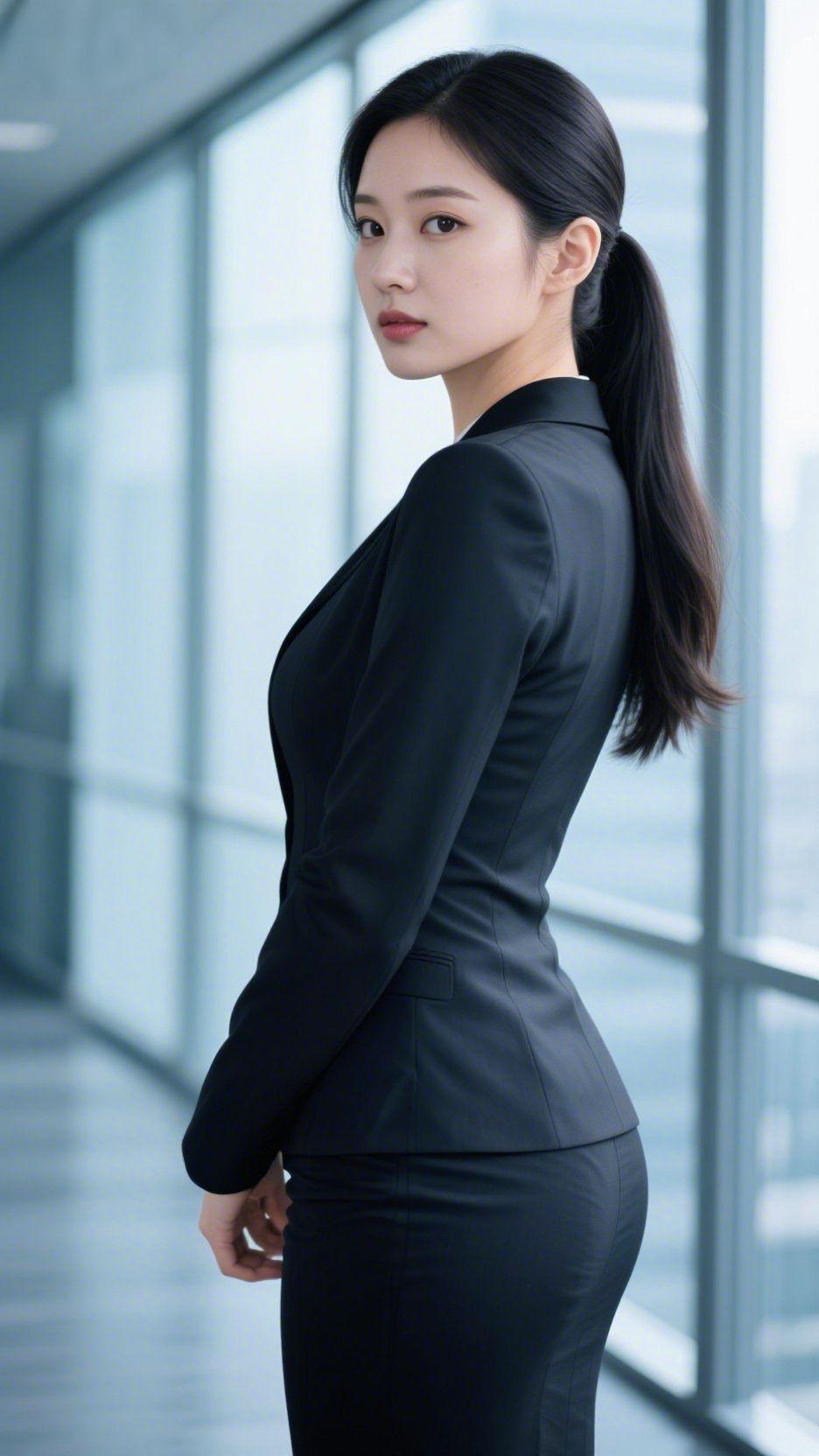 写字楼里的舒展落地窗外的天光漫入走廊，将冷调玻璃墙晕得柔润。她束着利落马尾