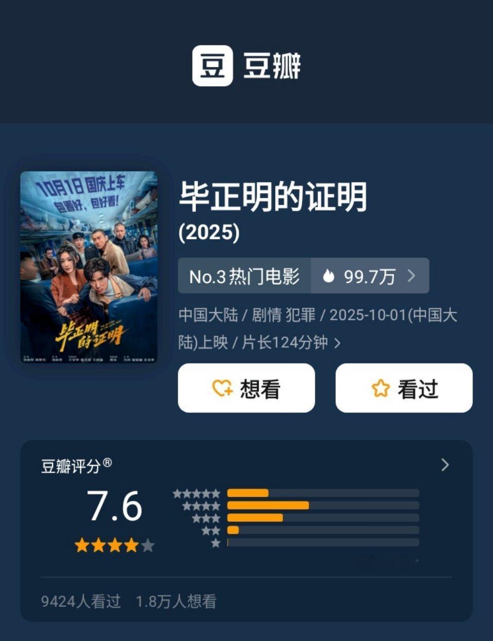 国庆档大部分影片豆瓣都开分了，《毕正明的证明》遥遥领先，不过其他的也都没拉开啥差