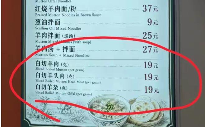 上海，网友到一家餐厅用餐，发现菜单上白切羊肉等菜品标注为19元（克），网友差
