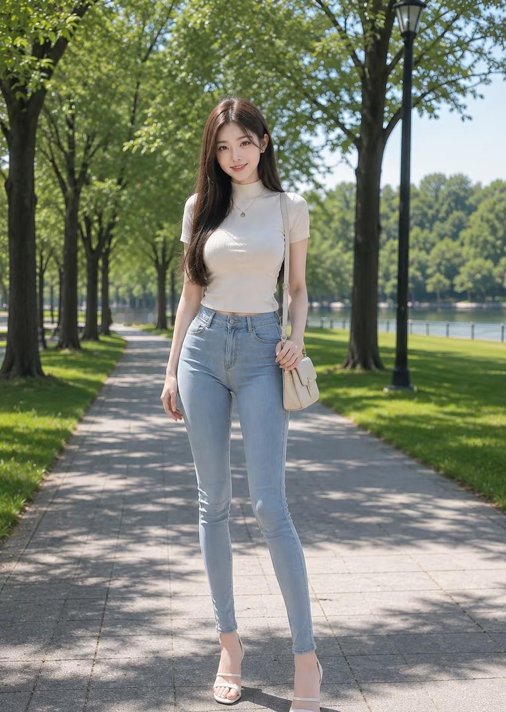 阳光明媚，漂亮妹妹走在公园林荫道上自拍。
