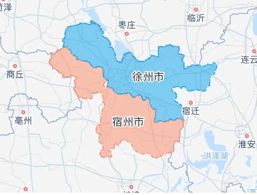 江苏徐州和安徽宿州，像一对双胞胎城市，江苏和安徽地图上北方的凸出部，就在这两个城